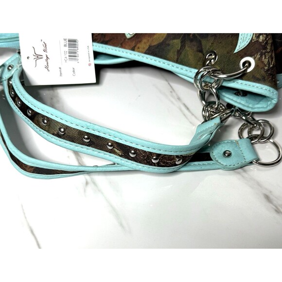 Heritage West Blue Green Camouflage Rhinestone Cross Western Double Strap Purse - Picture 11 of 13